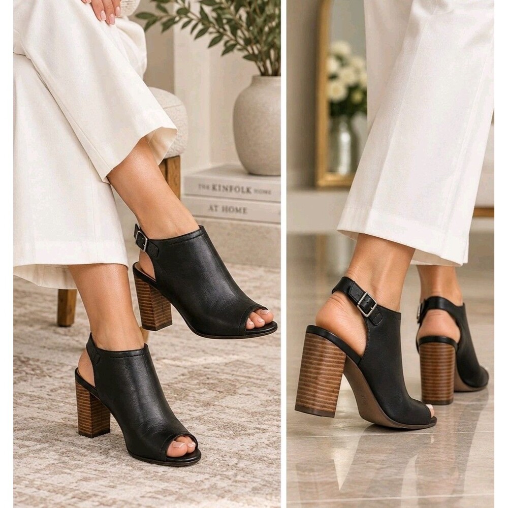 Clarks Black Leather Peep Toe Slingback Booties US 9 Block Heel Ankle Shoes